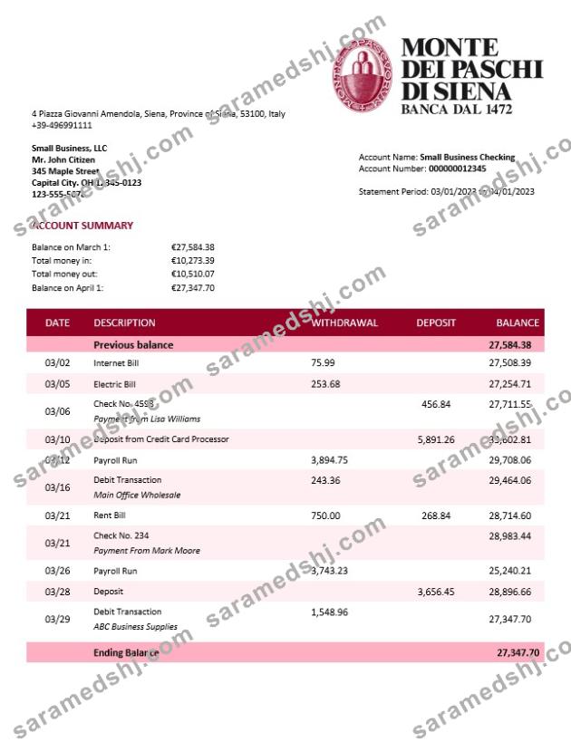 Monte dei Paschi di Siena firm account statement Word and PDF template